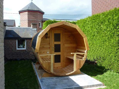 Wooden barrel sauna.