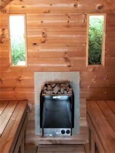 Sauna exterieur en bois baril tonneau poêle Harvia Trendi KIP